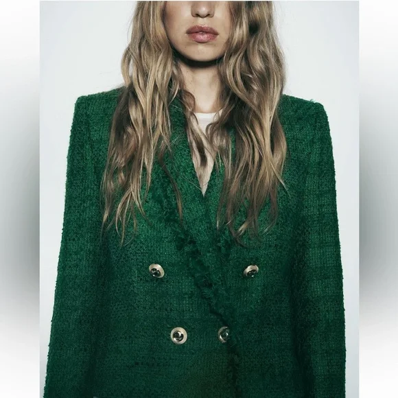🆕(NWT) ZARA Bloggers Fav Green Tweed Double Breasted Cropped Blazer. Size XS - Picture 7 of 16
